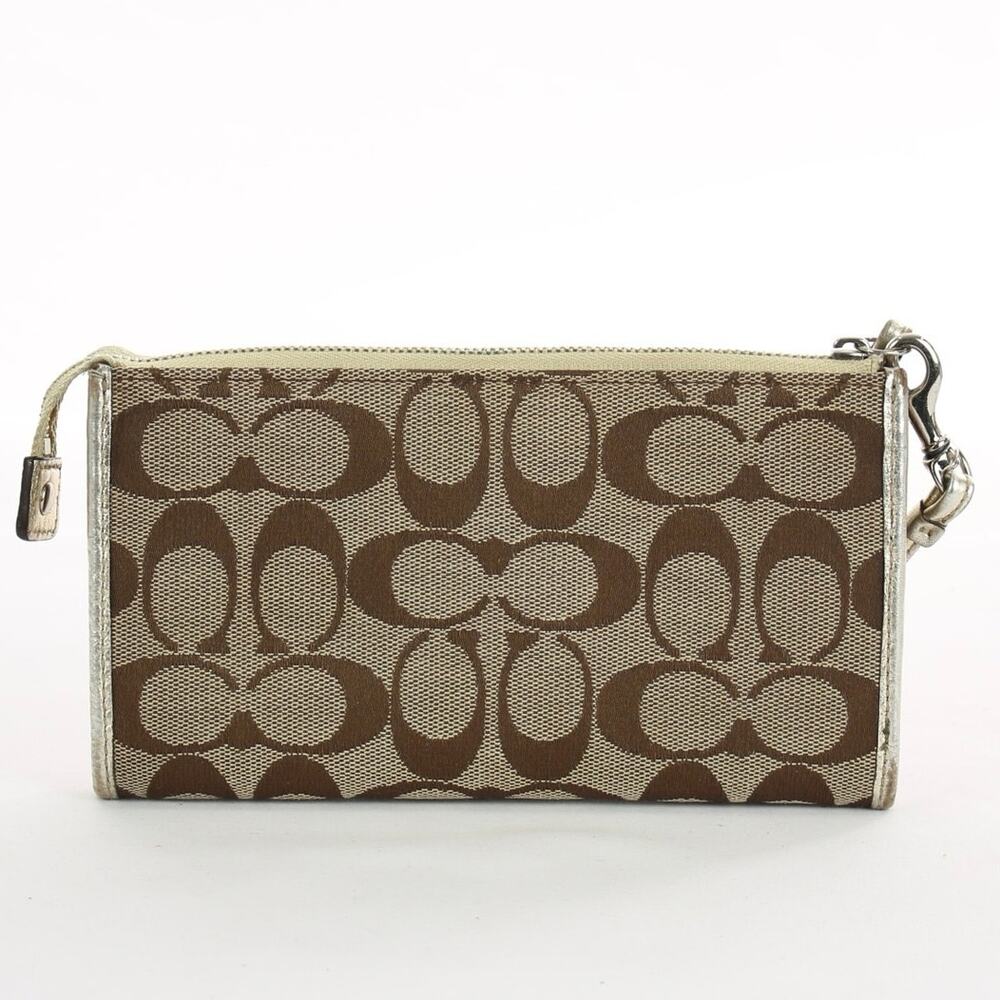 Coach Signature Canvas Turnlock Wristlet Wallet Khaki Brown Leather Trim Y2K - Picture 2 of 8